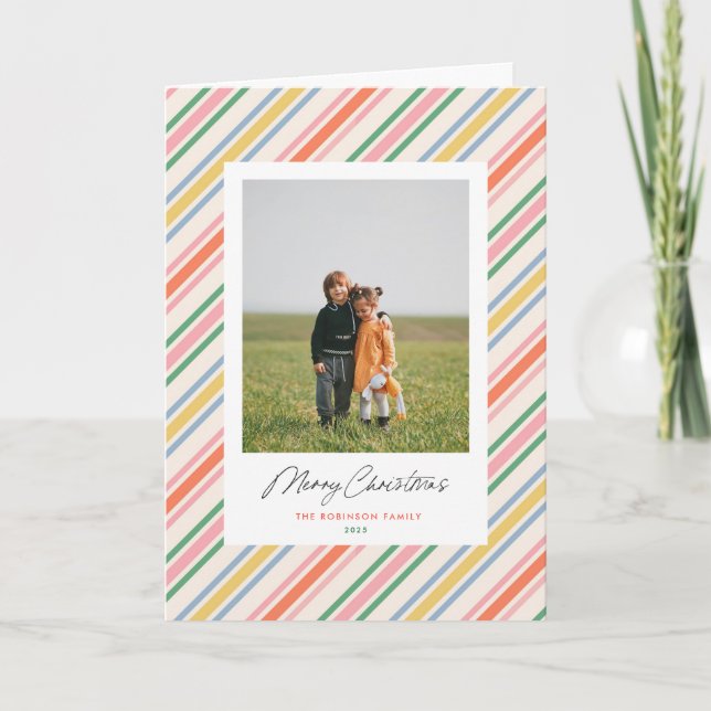Chic Joyful Stripes Christmas Holiday Photo Card (Front)