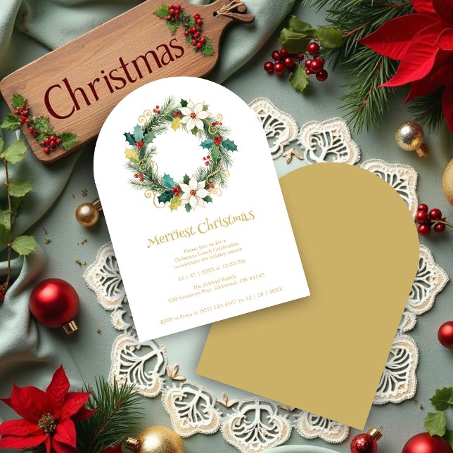 Chic Joyful Winter Christmas Wreath Holiday Party  Invitation (Chic Joyful Winter Christmas Wreath Holiday Party Invitations Cards in Digital Watercolor Style.)