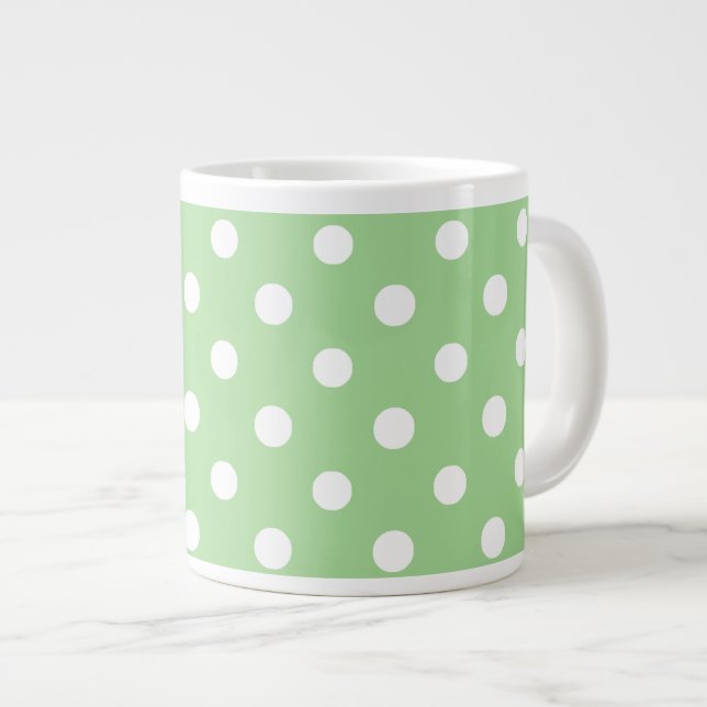 Chic Jumbo Coffee Mug: White Polkas on Green Large Coffee Mug (Front Right)