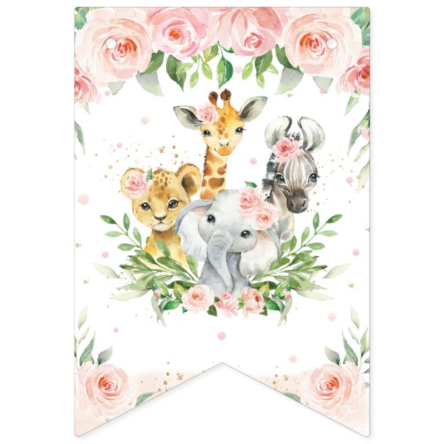 Chic Jungle Animals Blush Pink Floral Baby Shower Bunting (Sixteenth Flag)