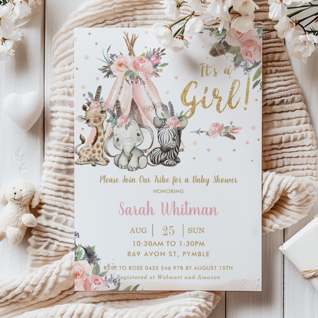 Chic Jungle Animals Boho Tribal Girl Baby Shower Invitation (tribal boho jungle animals pink floral teepee elephant zebra giraffe baby girl shower invitation )