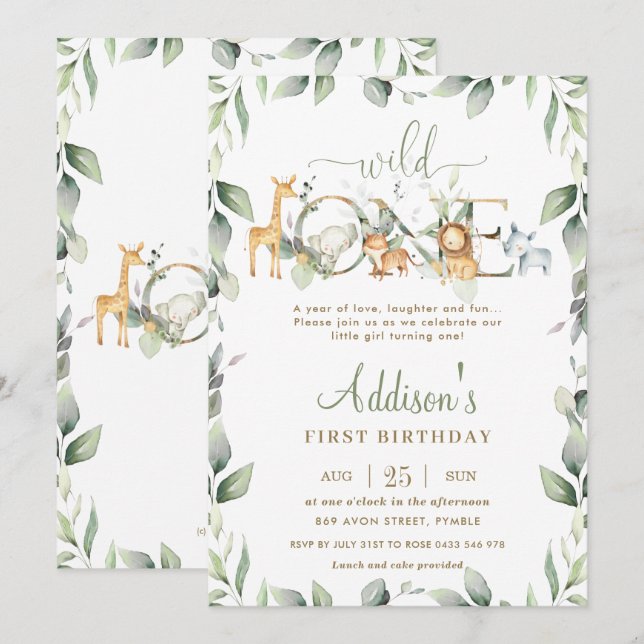 Chic Jungle Animals Greenery 1st Birthday Boy Girl Invitation (Front/Back)