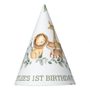 Chic Jungle Animals Greenery 1st Birthday Boy Girl Party Hat