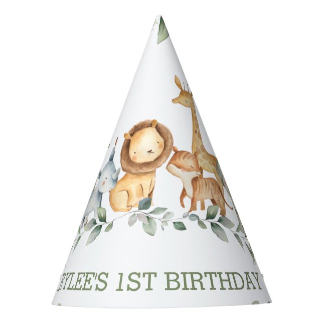 Chic Jungle Animals Greenery 1st Birthday Boy Girl Party Hat (Front)