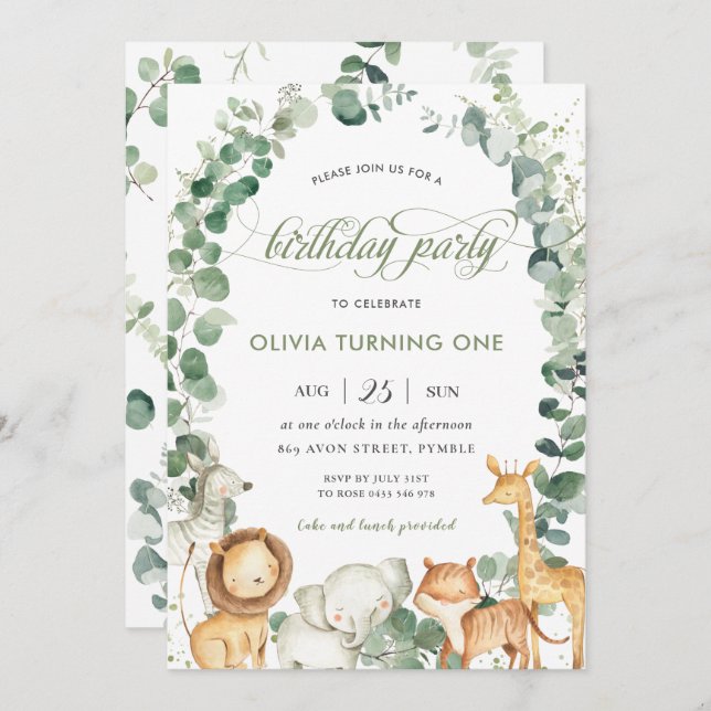 Chic Jungle Animals Greenery  1st Birthday Party  Invitation (Front/Back)
