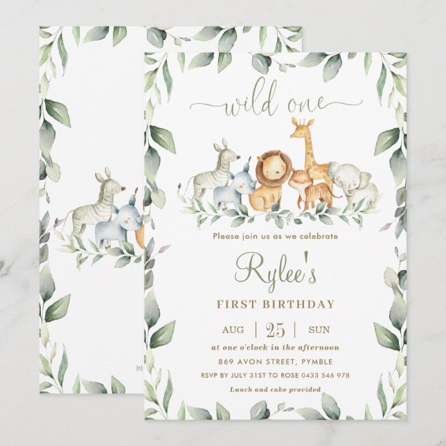 Chic Jungle Animals Greenery 1st Birthday Wild One Invitation (Front/Back)