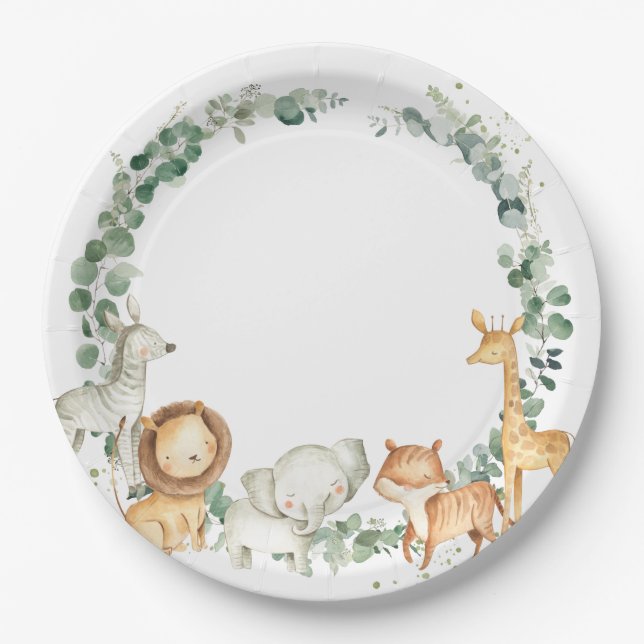 Chic Jungle Animals Greenery Baby Shower Birthday Paper Plate (Front)