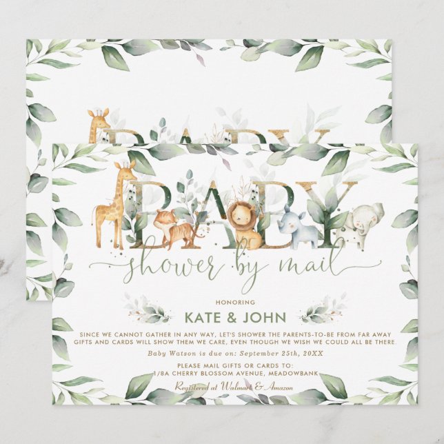 Chic Jungle Animals Greenery Baby Shower by Mail Invitation (Front/Back)