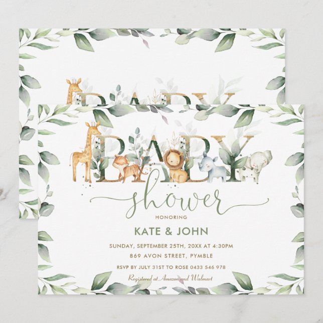 Chic Jungle Animals Greenery Baby Shower Neutral Invitation (Front/Back)