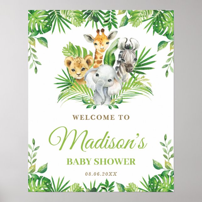 Chic Jungle Animals Greenery Baby Shower Welcome Poster (Front)