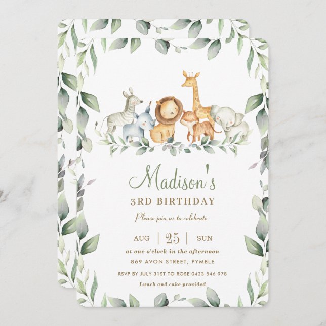 Chic Jungle Animals Greenery Birthday Boy Girl Invitation (Front/Back)
