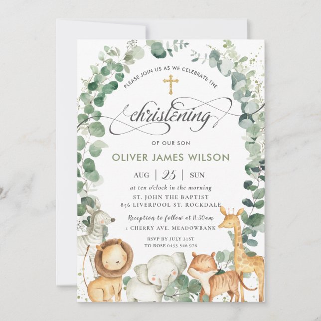 Chic Jungle Animals Greenery Christening Baptism Invitation (Front)