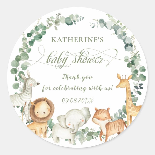 Chic Jungle Animals Greenery Neutral Baby Shower Classic Round Sticker (Front)