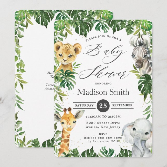 Chic Jungle Animals Greenery Safari Baby Shower  Invitation (Front/Back)
