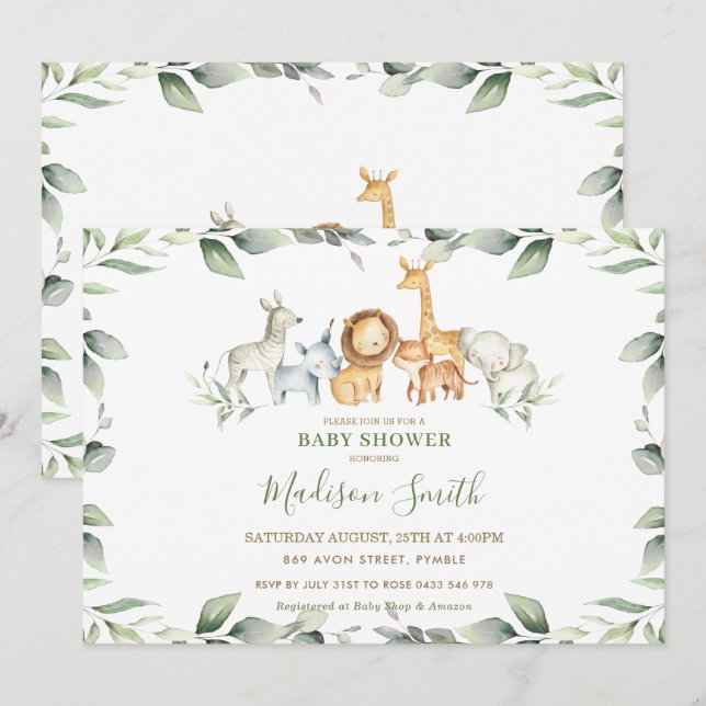 Chic Jungle Animals Pastel Greenery Baby Shower Invitation (Front/Back)