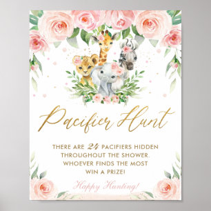 Chic Jungle Animals Pink Floral Pacifier Hunt Game Poster