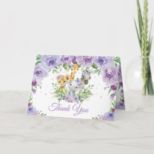 Chic Jungle Animals Purple Floral Baby Shower Thank You Card