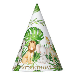 Chic Jungle Animals Safari 1st Birthday Greenery  Party Hat