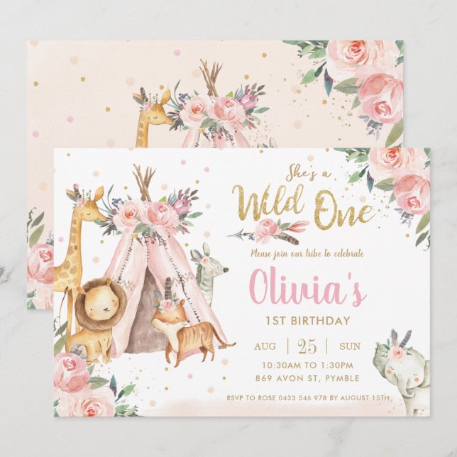 Chic Jungle Animals Tribal Wild One 1st Birthday Invitation (Front/Back)