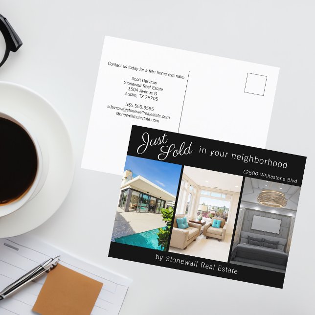 Chic Just Sold Real Estate 3 Photo Marketing Black Postcard (Creator Uploaded)