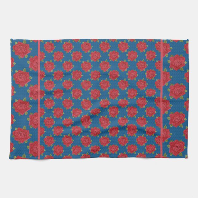 Chic Kitchen Towel or Tea Towel: Red Roses on Blue (Horizontal)