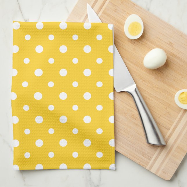 Chic Kitchen Towel: White Jumbo Polkas on Yellow Tea Towel (Quarter Fold)