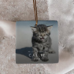 Chic Kitten's First Christmas Cat Photo Overlay Ceramic Ornament<br><div class="desc">This chic kitten's first Christmas cat photo overlay ceramic ornament is the perfect modern Christmas tree decoration. The simple design features classic minimalist white typography with a rustic boho feel. This keepsake ornament reads "my first Christmas". Personalise your double-sided ornament with a photo of your kitty, your kitten's name and...</div>