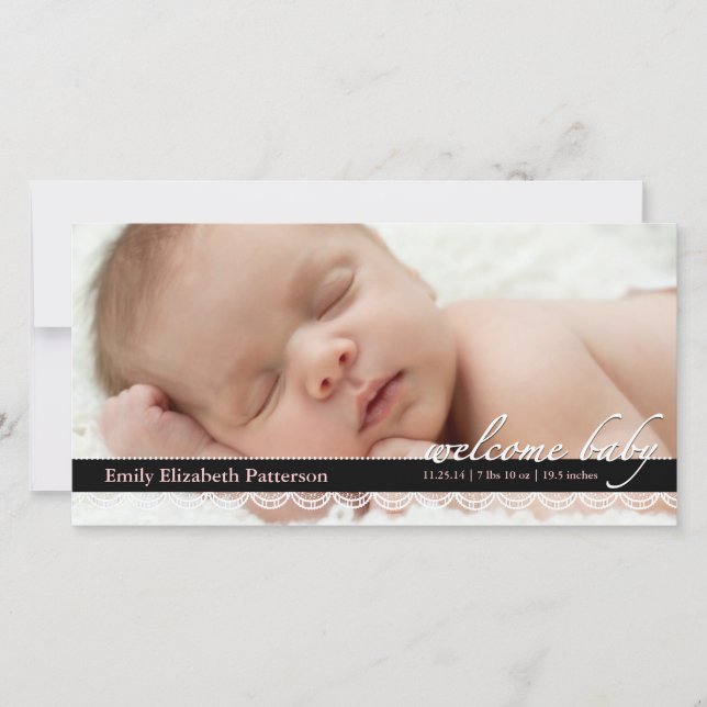 Chic Lace Baby Birth Announcement | Pink Photocard (Front)
