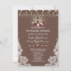 Chic Lace Burlap String Lights Rehearsal  Dinner Invitation