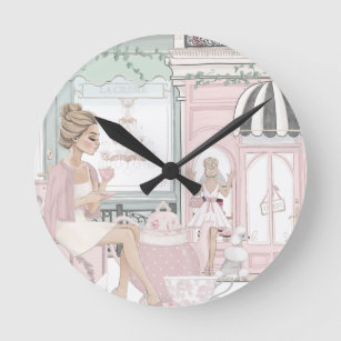 Chic Ladies French Bakery Tea Shop Watercolor Round Clock