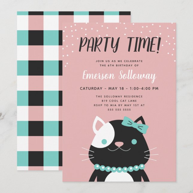Chic Lady Cat Pink Kids Birthday Party Invitation (Front/Back)