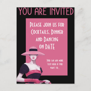 Chic Lady in a Pink Hat/Gloves Invitation Postcard