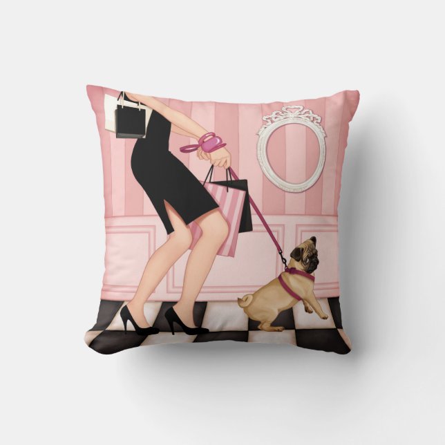 Chic lady walking her pug cushion (Front)