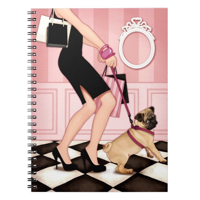 Chic lady walking her pug notebook (Front)