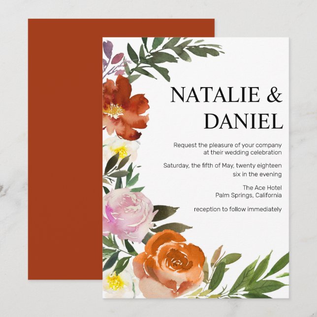 Chic Large Burnt Orange , Pink Floral Wedding Invitation (Front/Back)