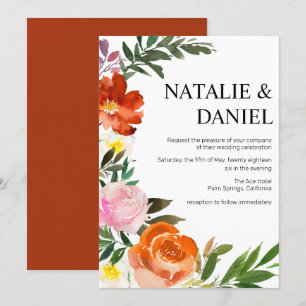 Chic Large Burnt Orange , Pink Floral Wedding Invitation
