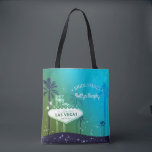 Chic Las Vegas Wedding Bridesmaid Gift Tote Bag<br><div class="desc">Beautiful illustration of Las Vegas strip sign, palm trees, twinkling stars & cyan blue background designed on custom Bridesmaids Gift Bags. Perfect keepsake for your Las Vegas themed wedding, bridal shower, anniversary party, engagement or bachelorette party. ((You can find the matching wedding essentials & favours in this store, Bridal Heaven....</div>