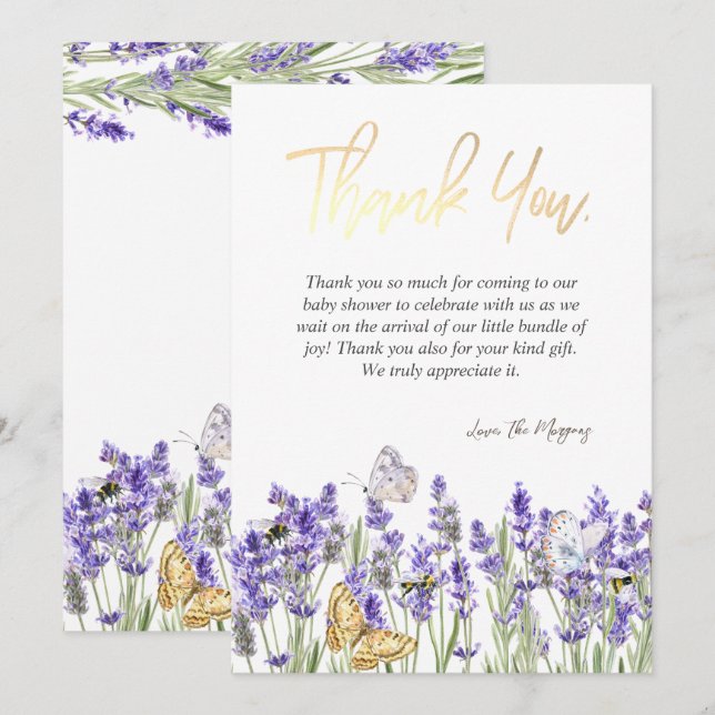 Chic Lavander Butterflies Botanical Thank You Card (Front/Back)