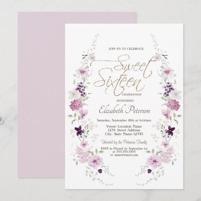 Chic Lavander Wildflowers Sweet 16 Invitation (Front/Back)