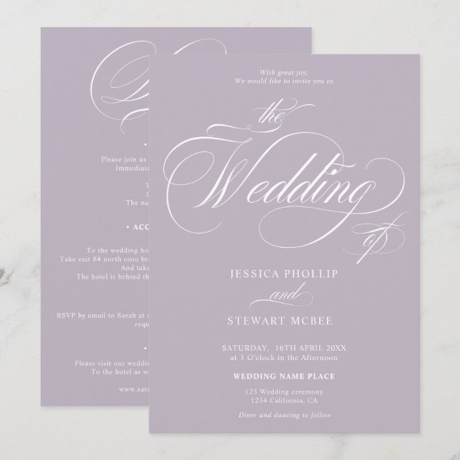 Chic lavender all in one calligraphy wedding invitation (Front/Back)