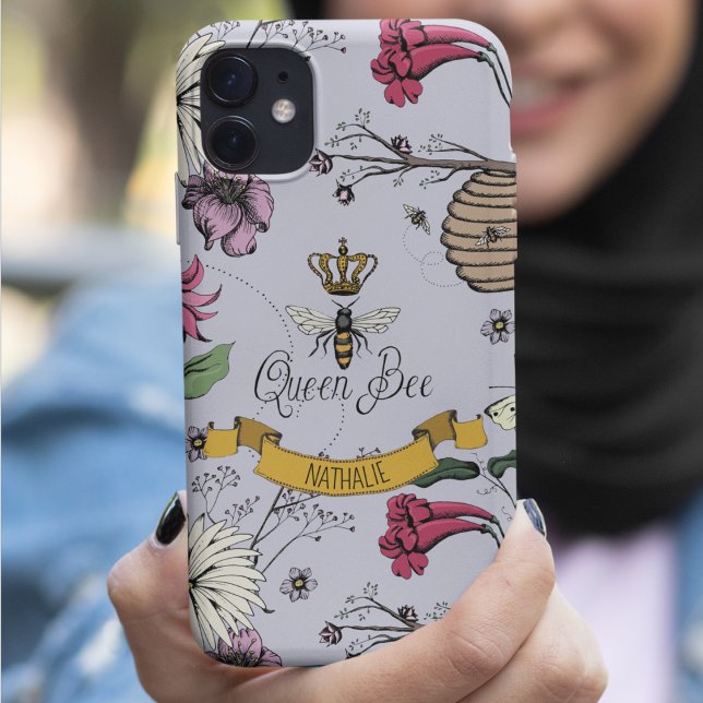 Chic Lavender, Black & Gold Queen Bee & Crown Case-Mate iPhone Case (Chic Hand-Drawn Royal Queen Bee & Flowers Illustration in Lavender.
Personalized Name in Scroll.)