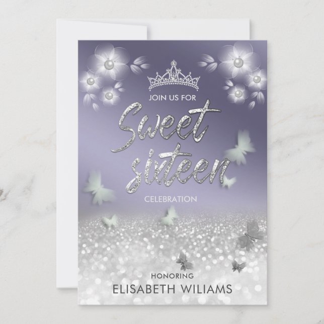 Chic lavender floral glitter tiara butterfly  invitation (Front)