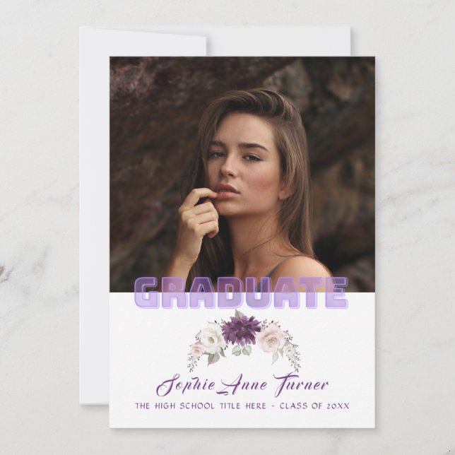 Chic Lavender Floral Plum Purple Photo Graduation Invitation (Front)