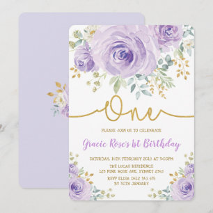 Chic Lavender Floral Rose Girl 1st Birthday Party Invitation