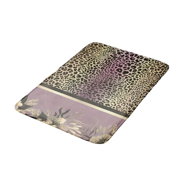 Chic Lavender Gold Leopard Safari Floral  Bath Mat (Angled)