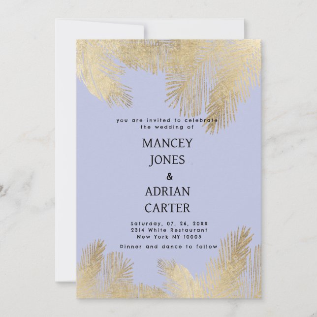 Chic lavender gold tropical palm tree wedding invitation (Front)