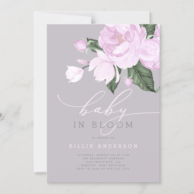 Chic Lavender Grey Floral Baby in Bloom Shower Magnetic Invitation (Front)