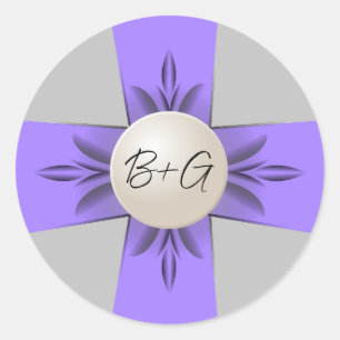 Chic Lavender & Grey Monogram Pearl Ribbon Wedding Classic Round Sticker
