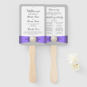 Chic Lavender & Grey Pearl Ribbon Wedding Program Hand Fan