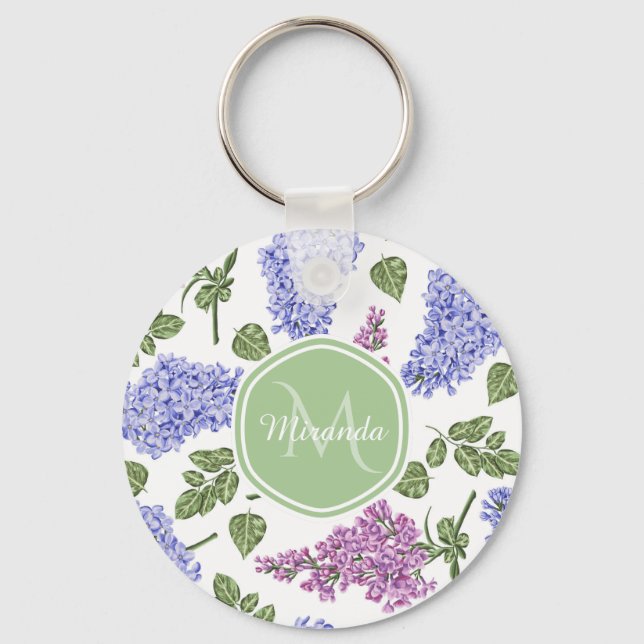 Chic Lavender Lilac Floral Pastel Green Monogram Key Ring (Front)